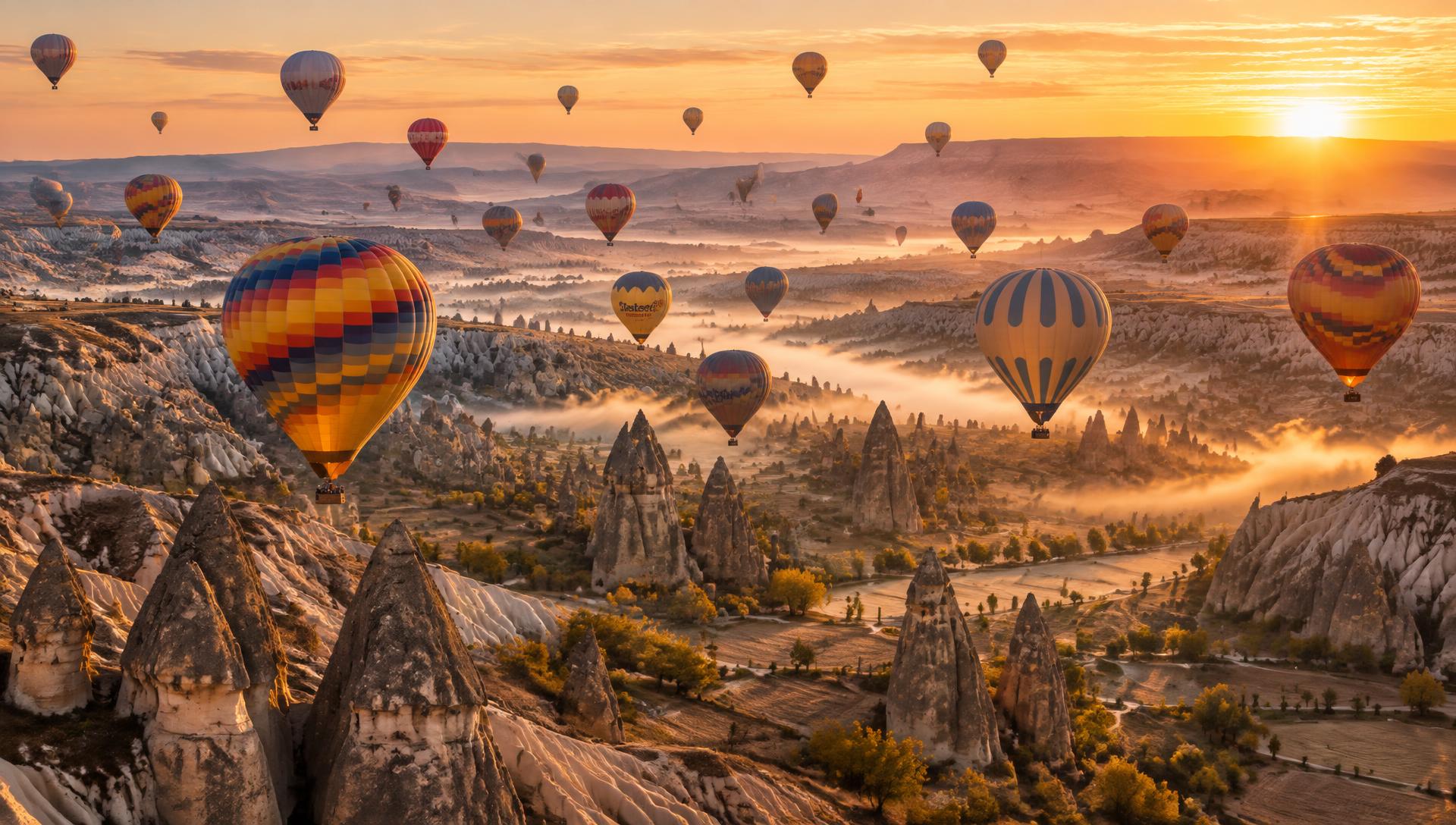 Hot air balloons floating over the fairy chimneys of Cappadocia at sunrise